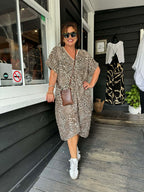 Helga May | Beige Leopard Front Knot V-Neck Dress