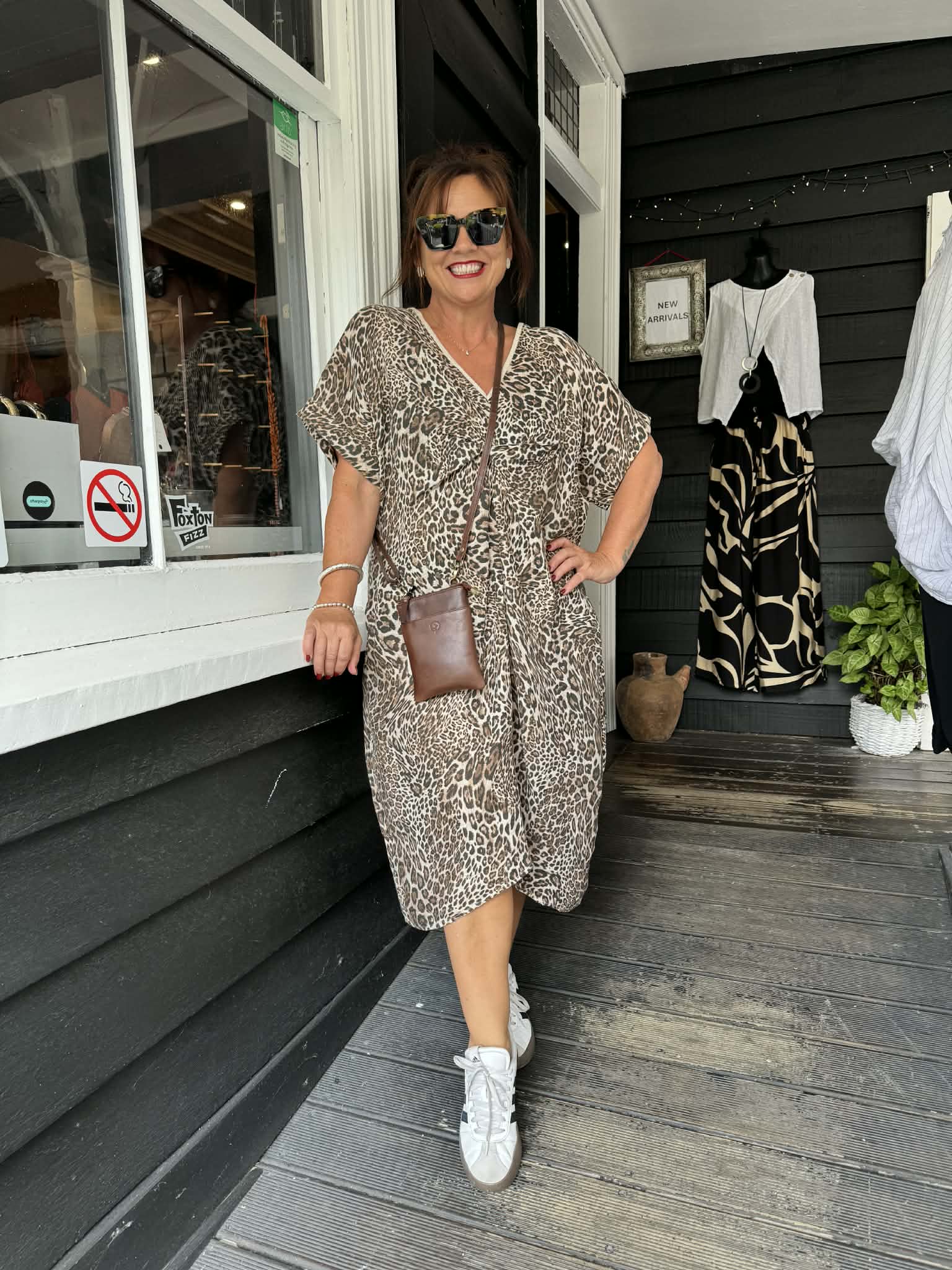 Helga May | Beige Leopard Front Knot V-Neck Dress