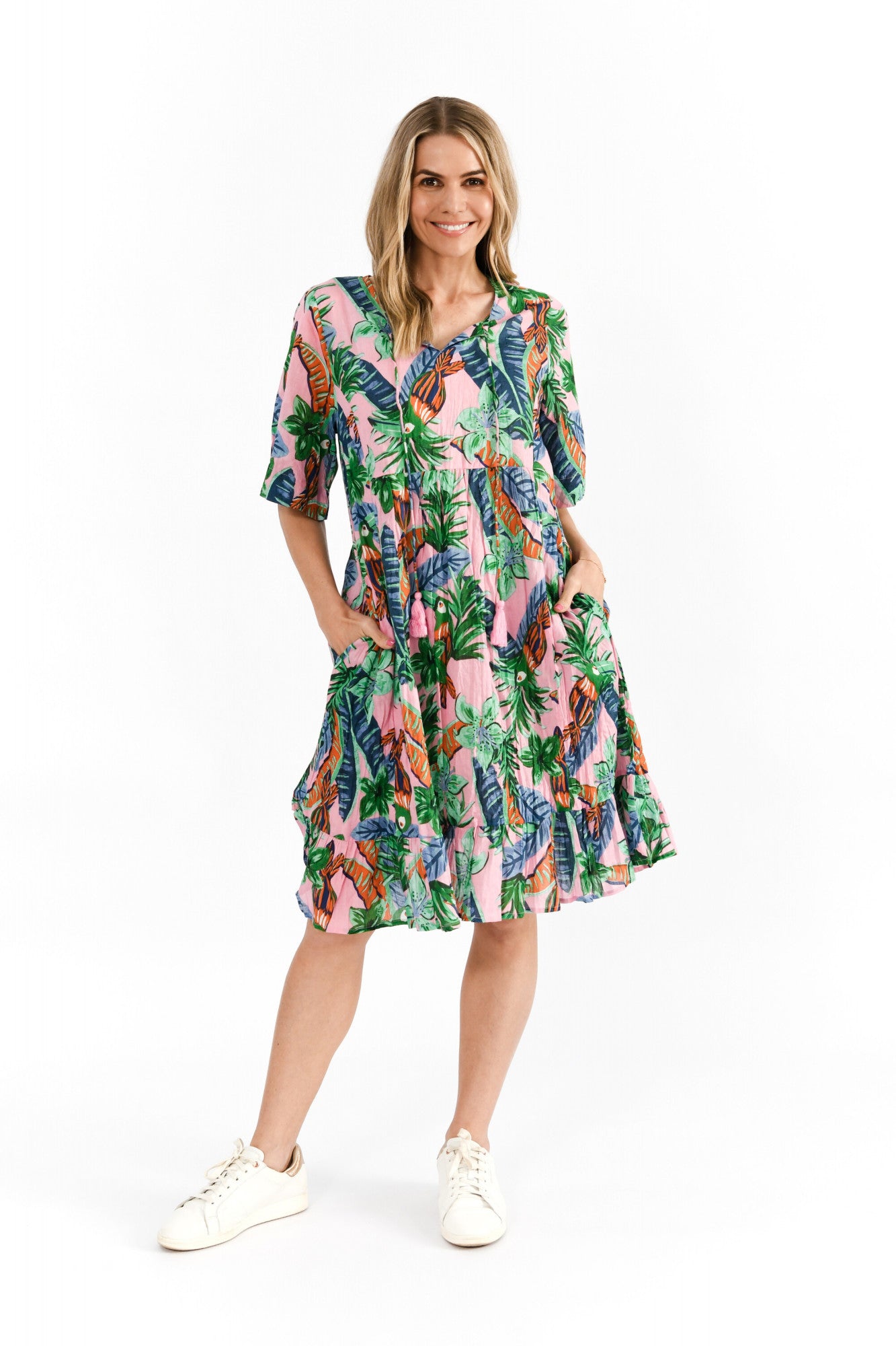 Orientique |Charli Tassel Tie Dress - Toucan Jungle Pink