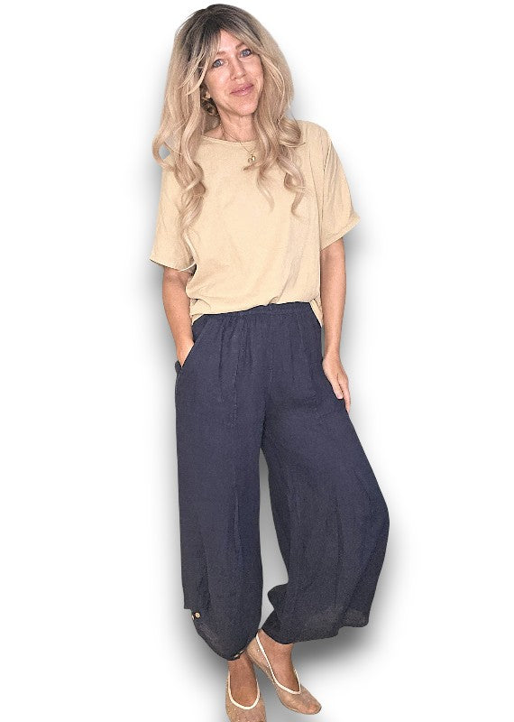Helga May | Navy Mini Button Linen Pant