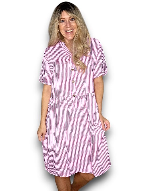 Helga May | Bubblegum Pink Stripe Midi Coconut Button Dress