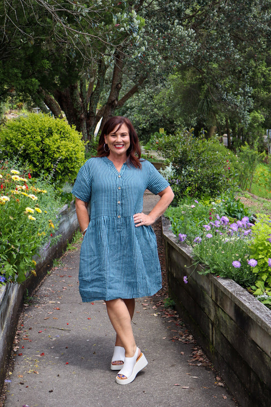 Helga May | Dark Jade Stripe Midi Coconut Button Dress