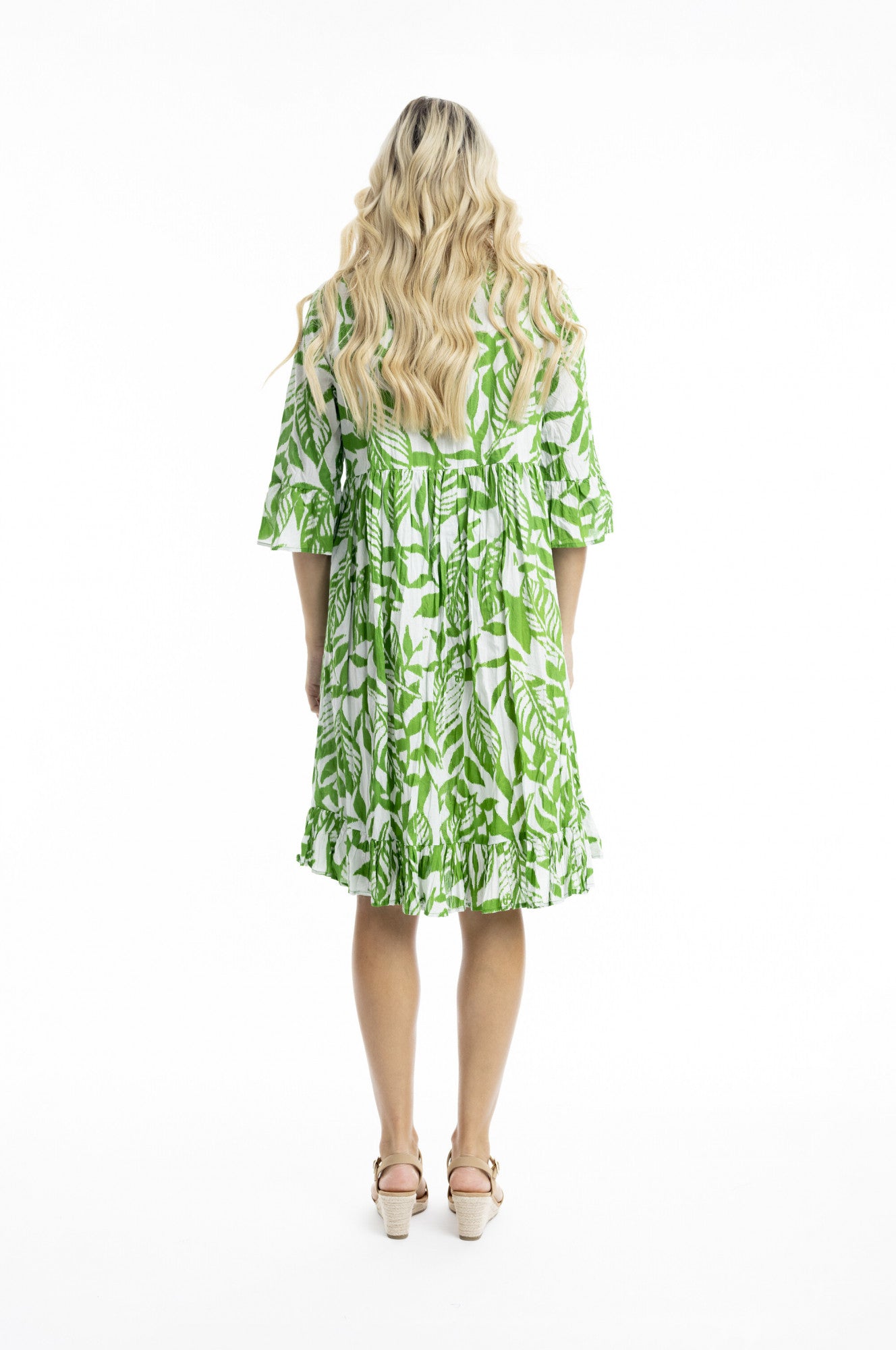 Orientique | Hayman Green Frill Sleeve Pinch Pleat Dress