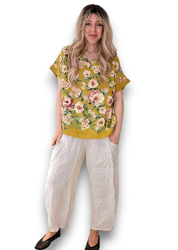 Helga May | Mustard Ruby Blossom Linen Top