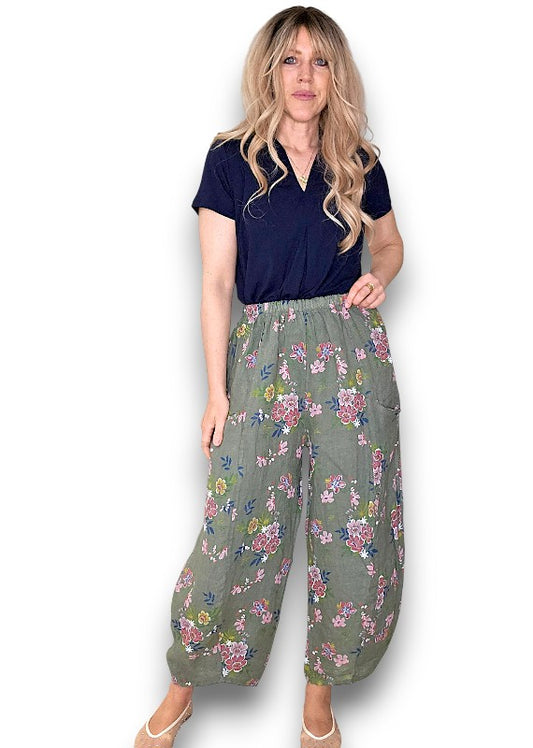 Helga May | Dark Forest Wild Daisy Barrel Linen Pants