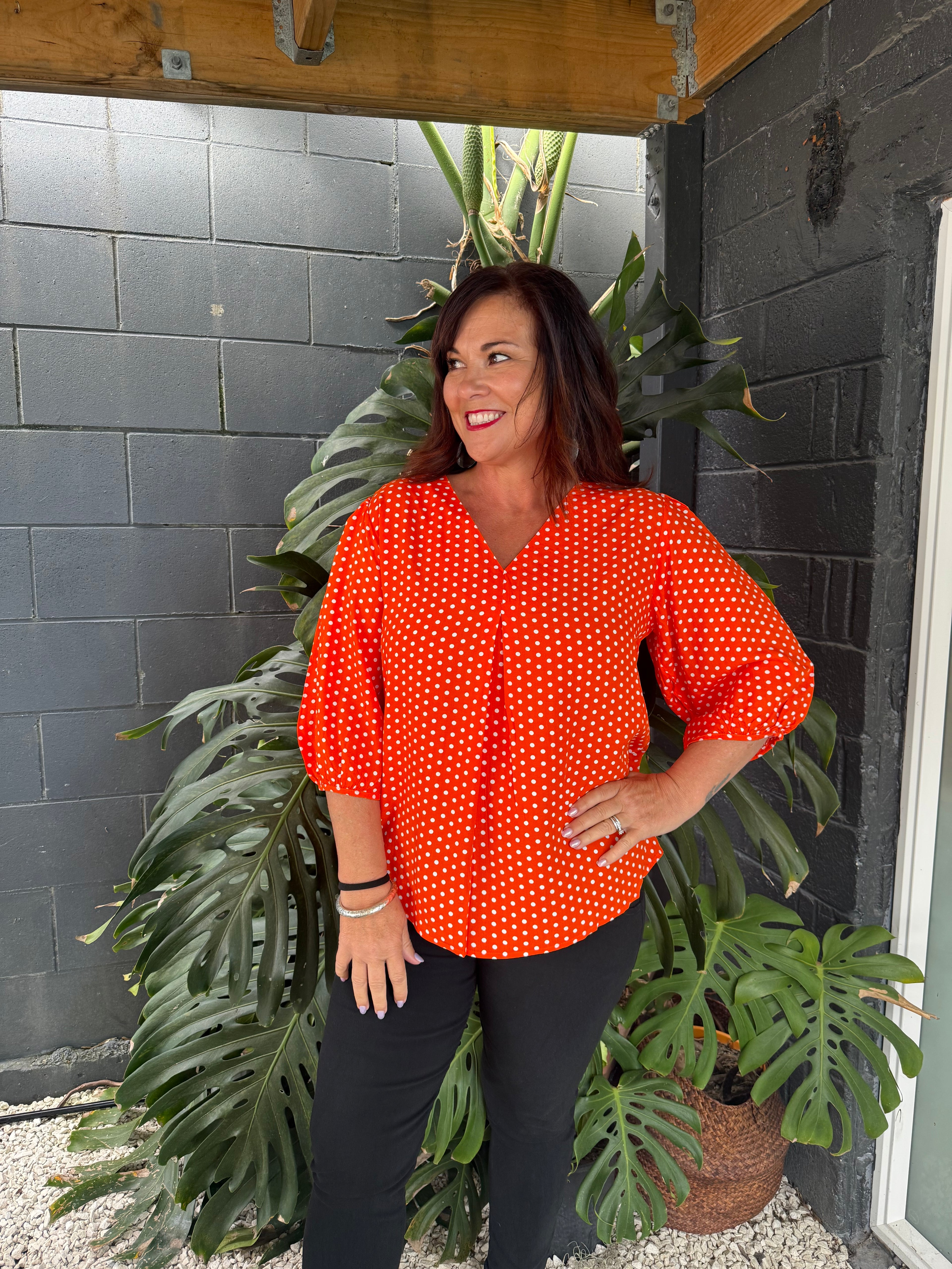 The Cottage Collection | Orchid Top - Orange Polka Dot