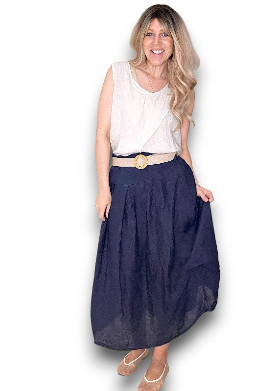Helga May | Navy Midi Raffia Belt Linen Skirt