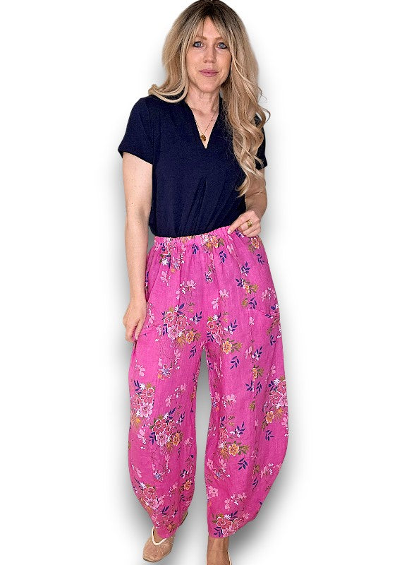 Helga May | Hot Pink Wild Daisy Barrel Linen Pants