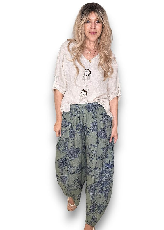 Helga May | Forest French Toille Barrel Linen Pants