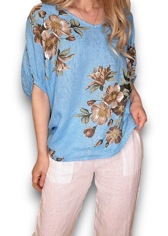 Helga May | Turquoise Spring Blossom Linen Top