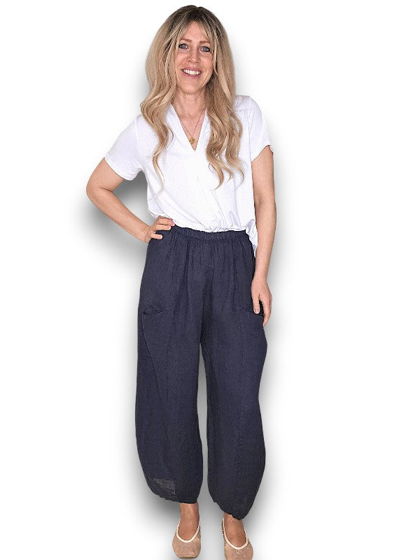 Helga May | Navy Barrel Linen Pants