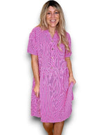 Helga May | Hot Pink Stripe Midi Coconut Button Dress