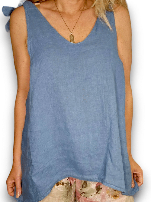Helga May | Petrol Bow Singlet Linen Top