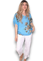 Helga May | Turquoise Spring Blossom Linen Top