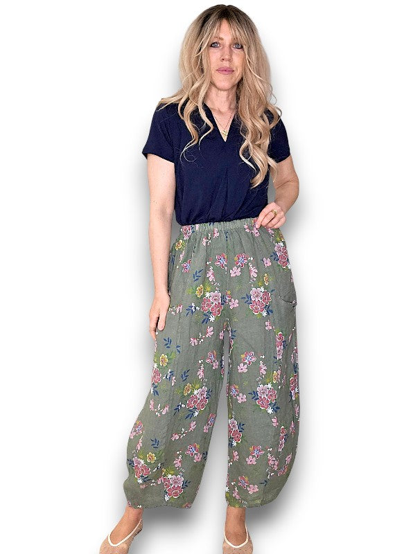 Helga May | Dark Forest Wild Daisy Barrel Linen Pants
