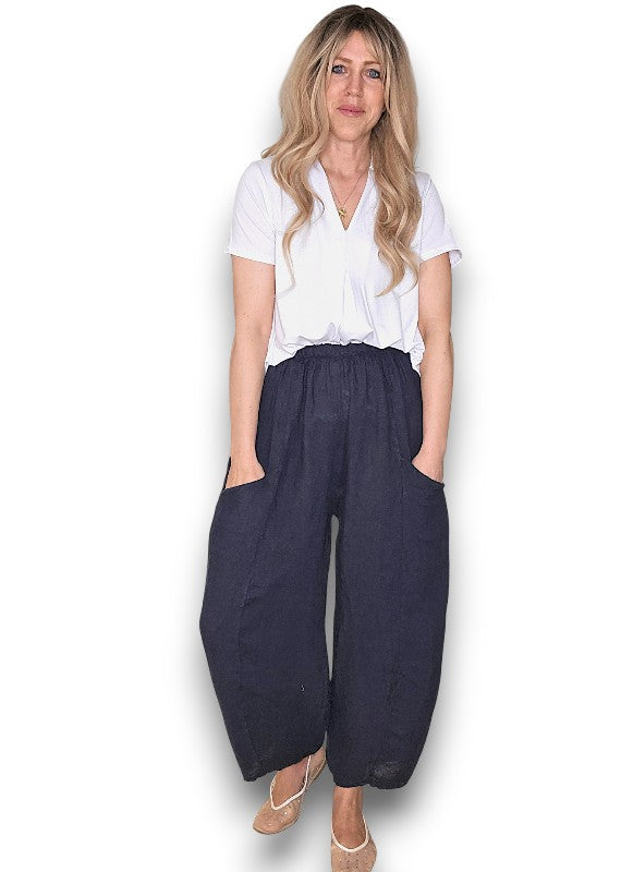 Helga May | Navy Barrel Linen Pants