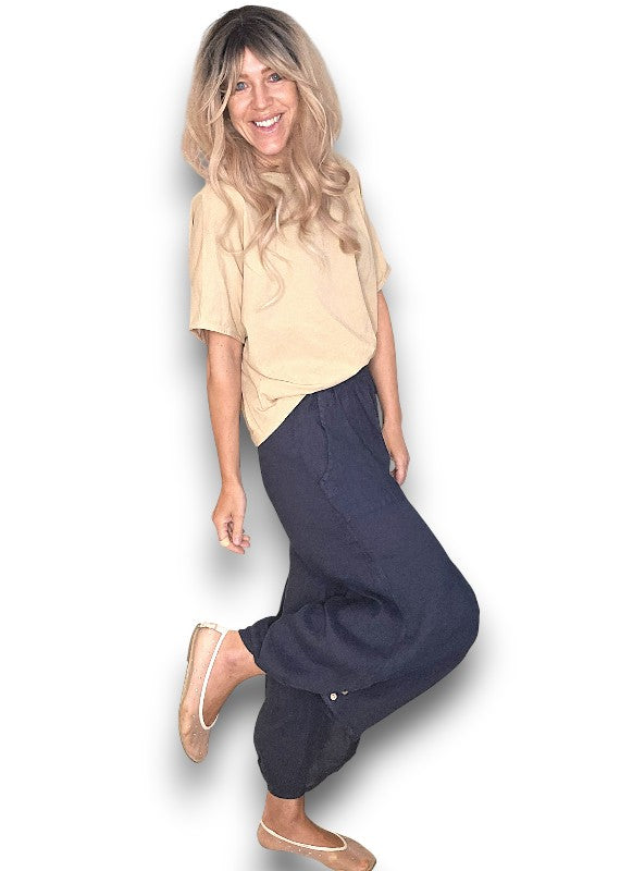 Helga May | Navy Mini Button Linen Pant