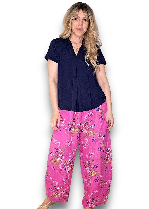 Helga May | Hot Pink Wild Daisy Barrel Linen Pants