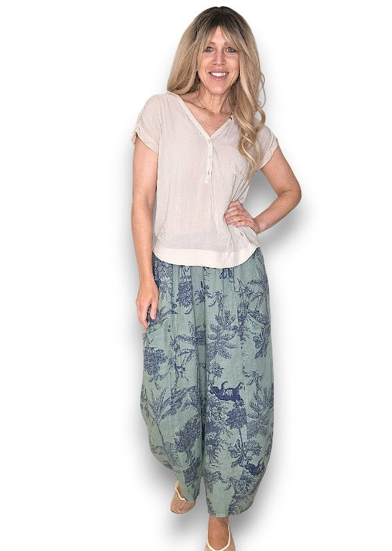 Helga May | Sage French Toille Barrel Linen Pants