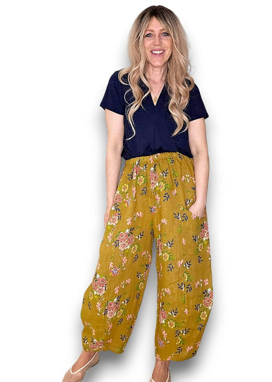 Helga May | Mustard Wild Daisy Barrel Linen Pants