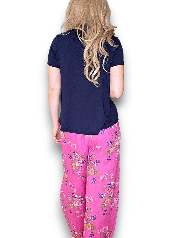 Helga May | Hot Pink Wild Daisy Barrel Linen Pants