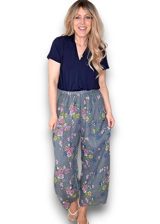 Helga May | Grey Wild Daisy Barrel Linen Pants