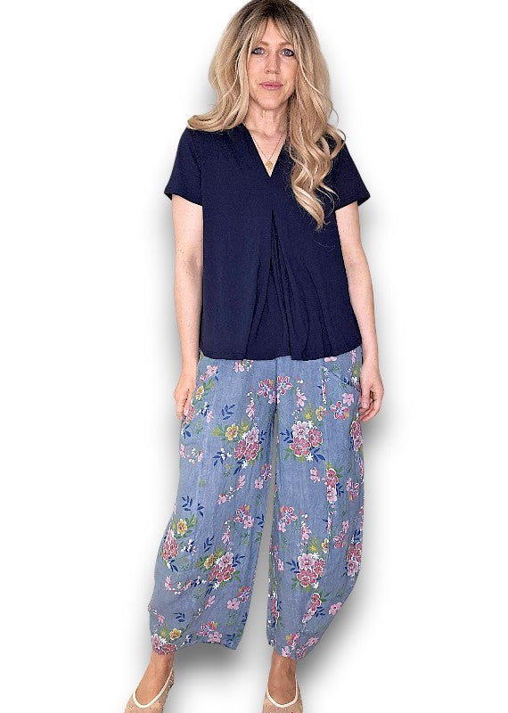 Helga May | Petrol Wild Daisy Barrel Linen Pants