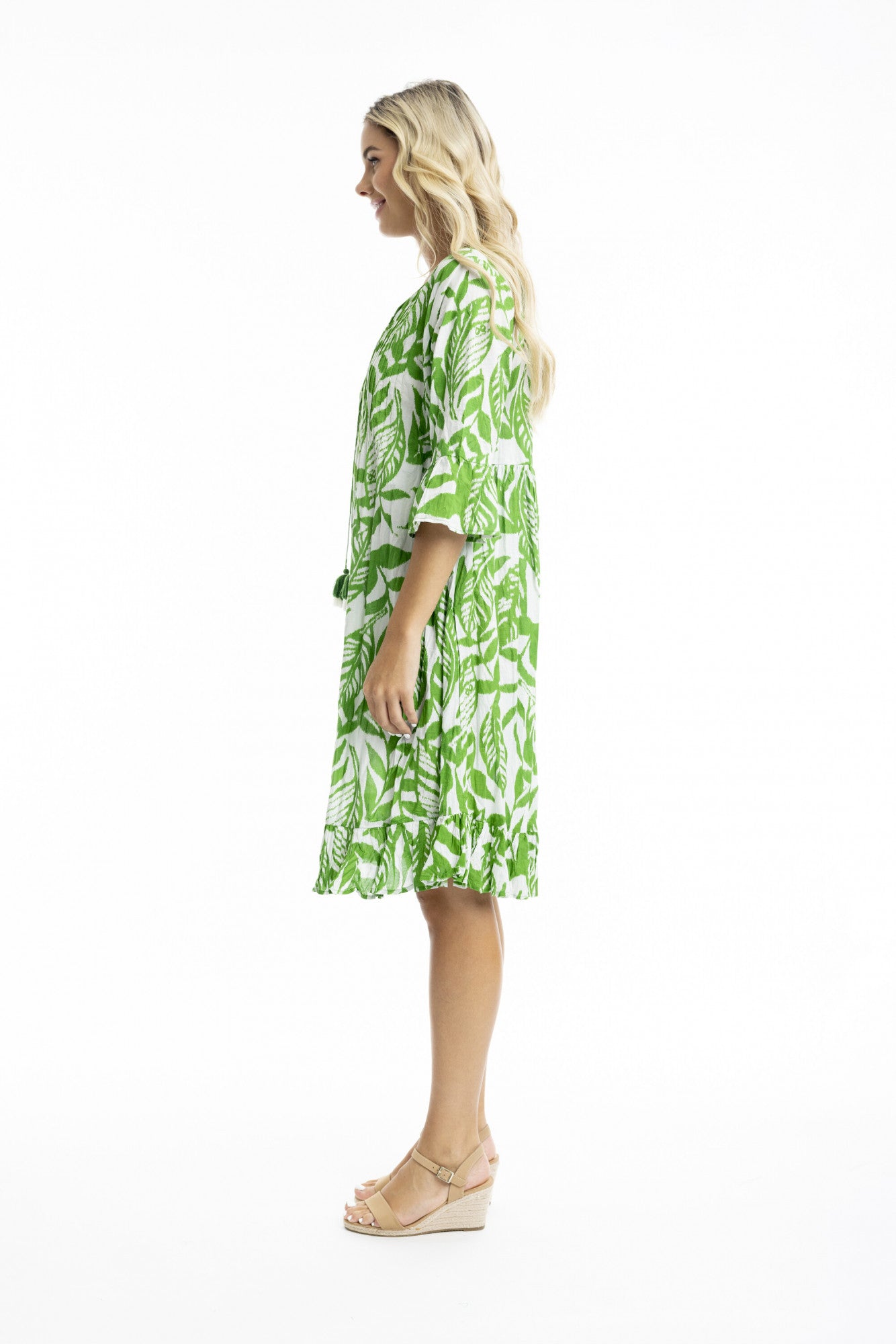 Orientique | Hayman Green Frill Sleeve Pinch Pleat Dress