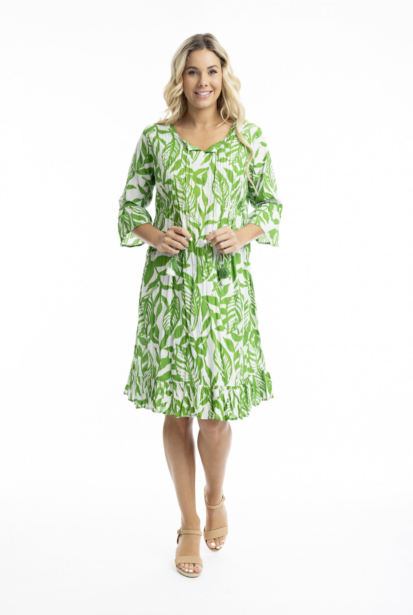 Orientique | Hayman Green Frill Sleeve Pinch Pleat Dress