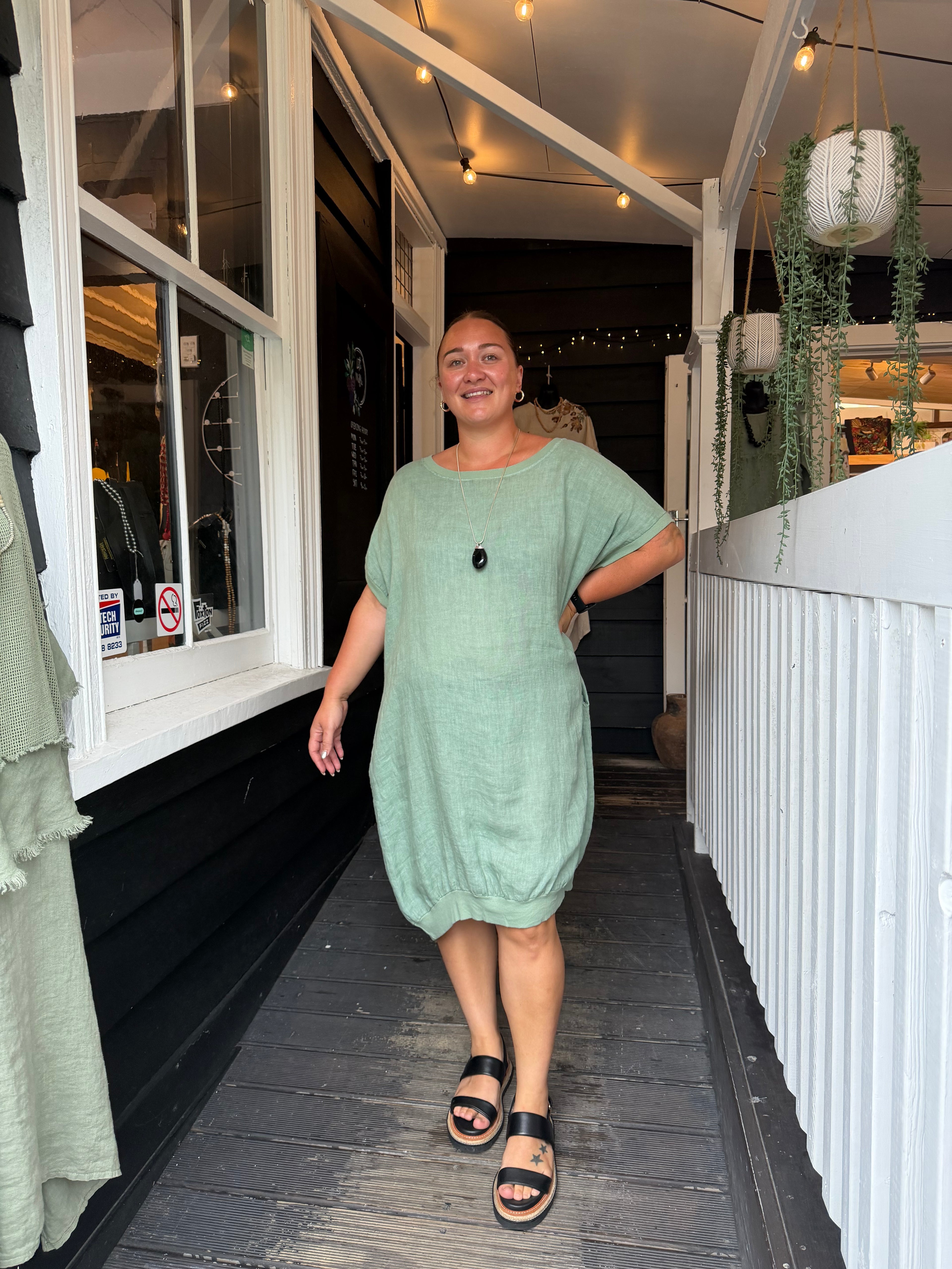 Helga May | Sage Plain Elastic Hem Dress