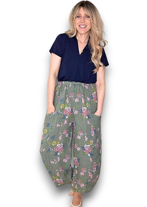 Helga May | Dark Forest Wild Daisy Barrel Linen Pants