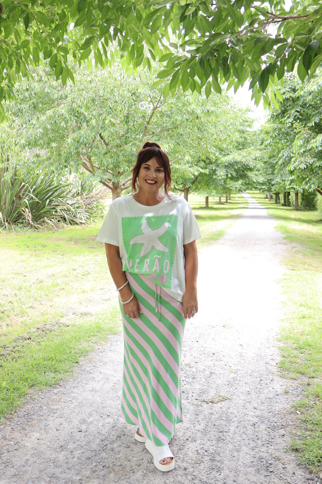 Brooke Bias Skirt | Green/Pink Stripe