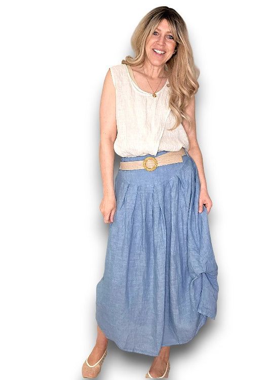Helga May | Petrol Midi Raffia Belt Linen Skirt