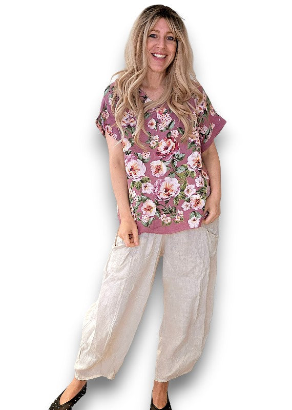 Helga May | Plum Ruby Blossom Linen Top