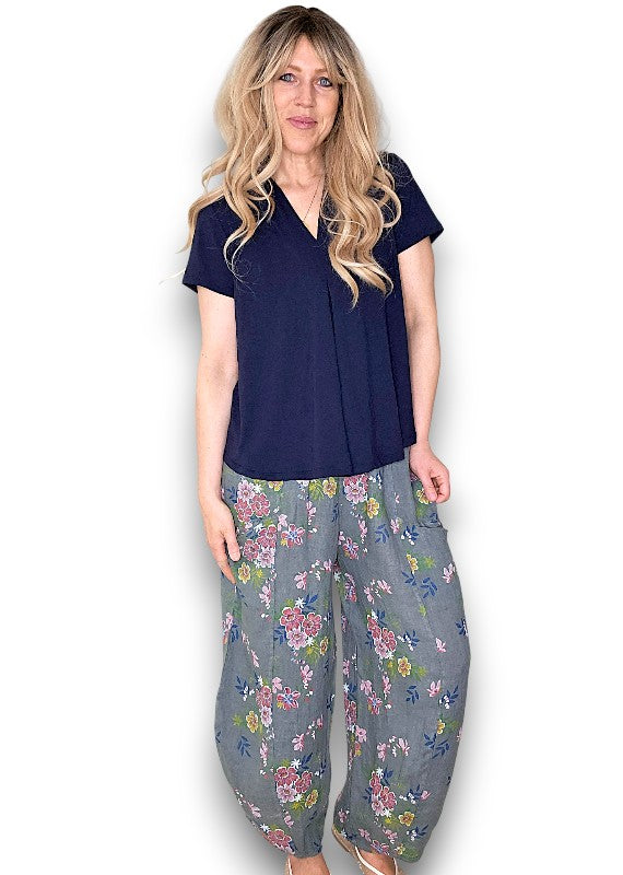 Helga May | Grey Wild Daisy Barrel Linen Pants