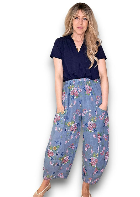 Helga May | Petrol Wild Daisy Barrel Linen Pants