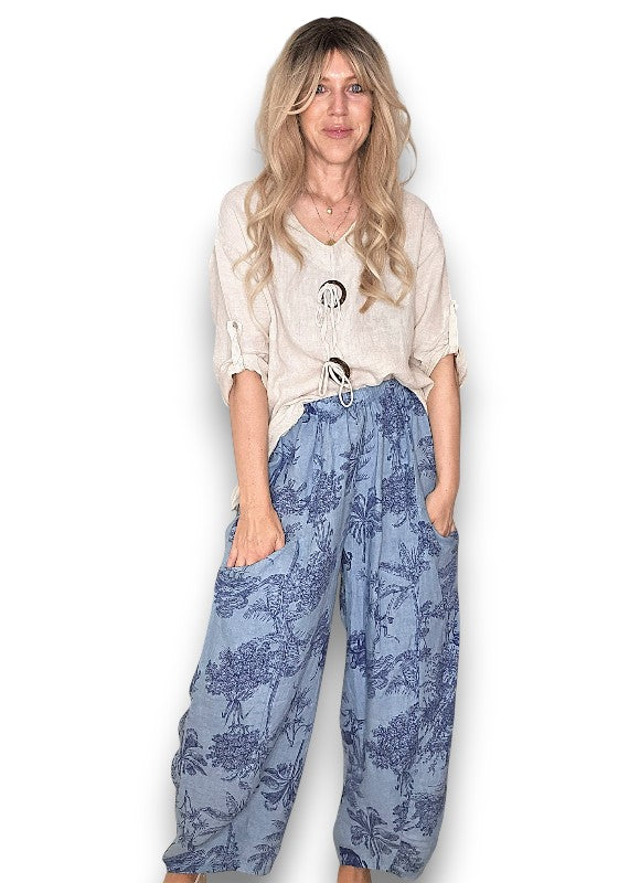 Helga May | Petrol French Toille Barrel Linen Pants
