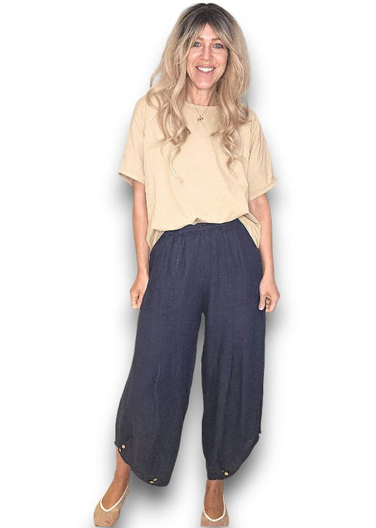 Helga May | Navy Mini Button Linen Pant
