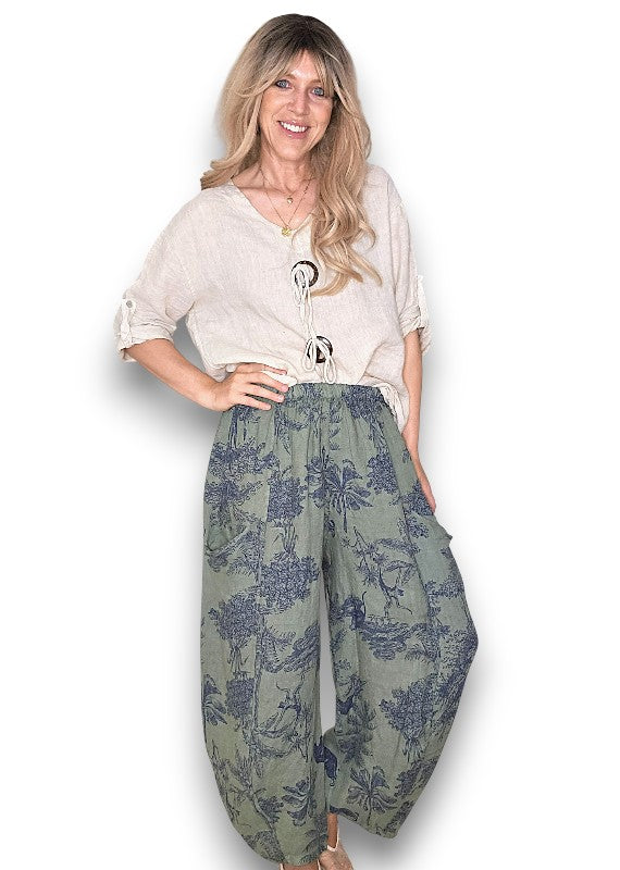 Helga May | Forest French Toille Barrel Linen Pants