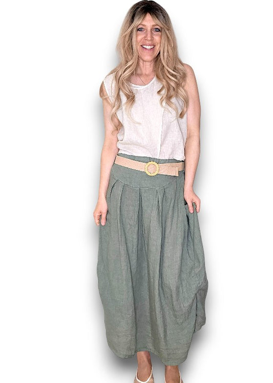 Helga May | Forest Midi Raffia Belt Linen Skirt