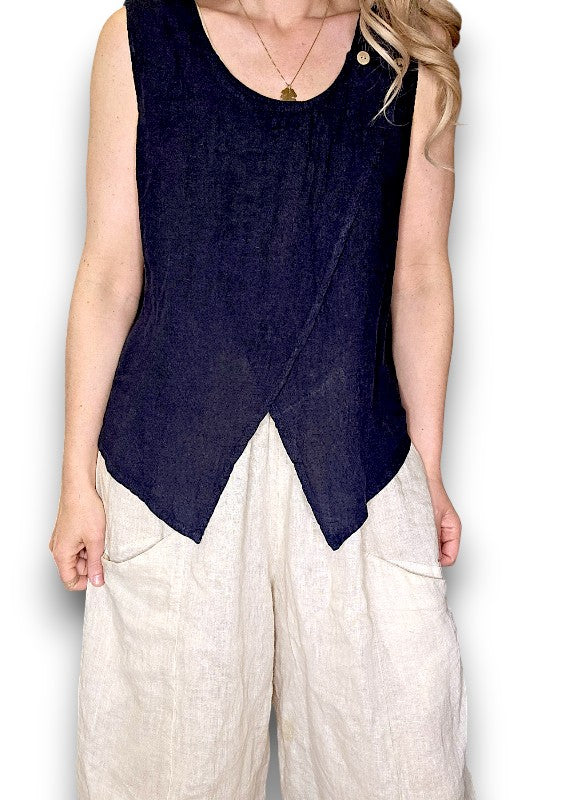 Helga May | Overlap Linen Tank - Navy
