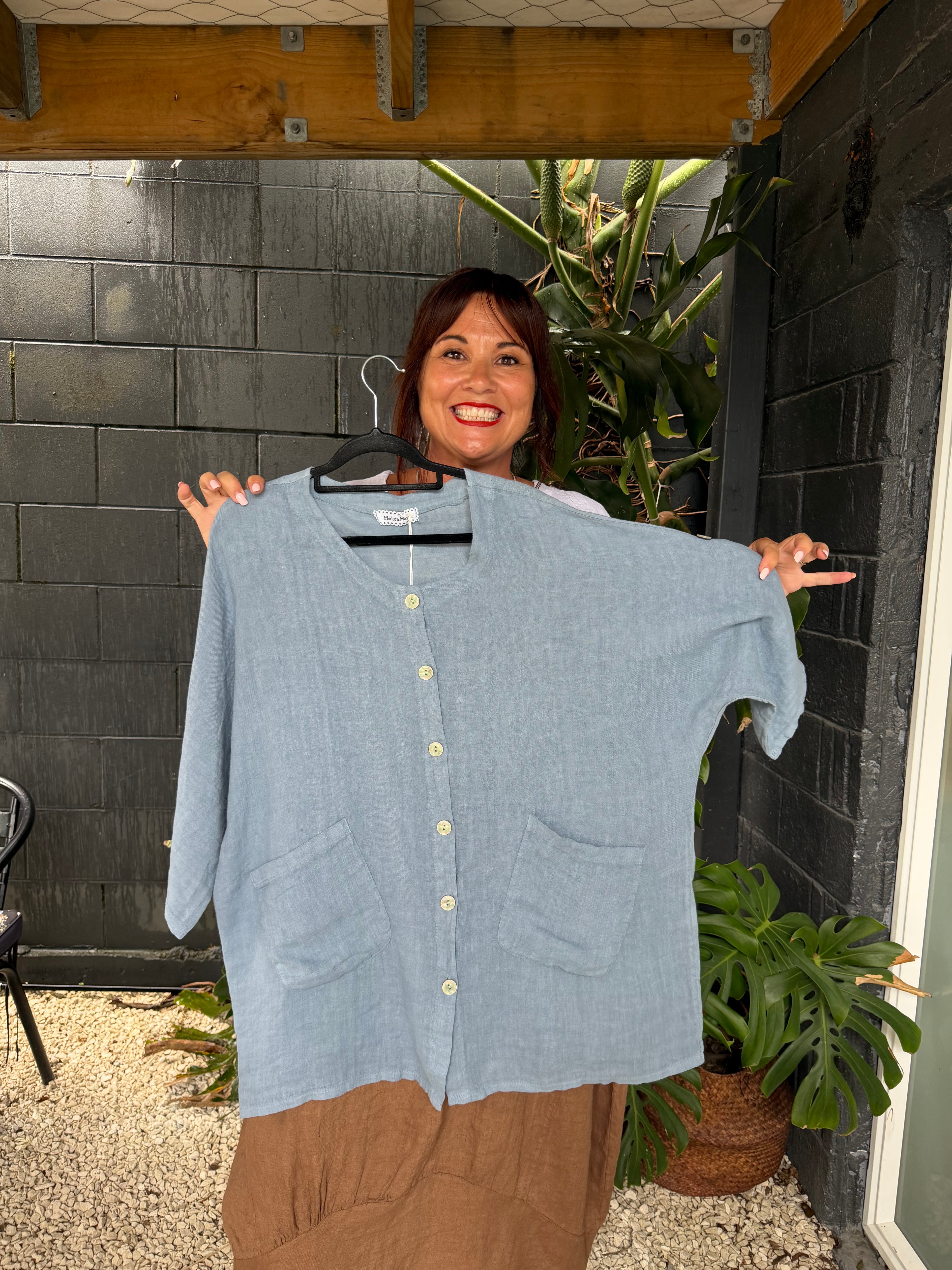 Helga May | Petrol Pearl Button Top