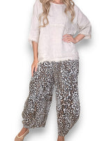 Helga May | White Leopard Barrel Linen Pants