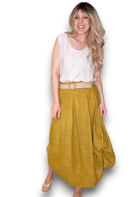 Helga May | Mustard Midi Raffia Belt Linen Skirt