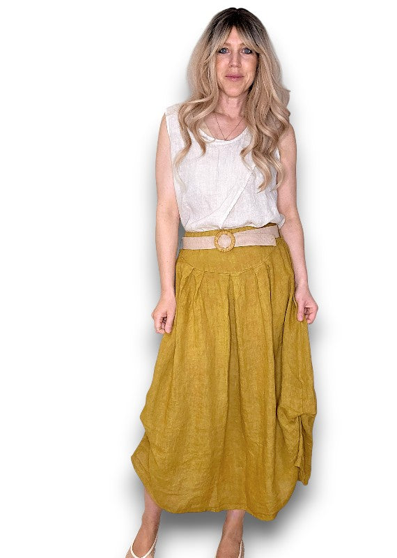 Helga May | Mustard Midi Raffia Belt Linen Skirt