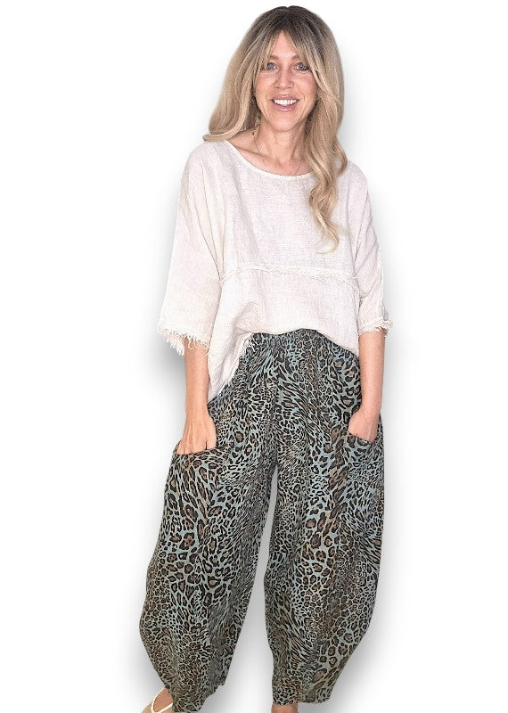 Helga May | Sage Leopard Barrel Linen Pants