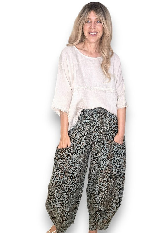 Helga May | Sage Leopard Barrel Linen Pants