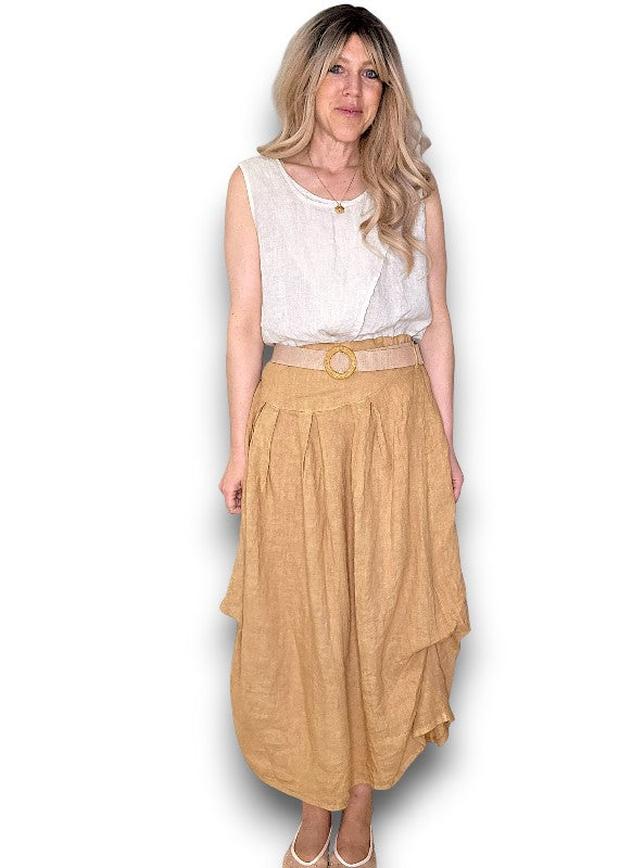 Helga May | Caramel Midi Raffia Belt Linen Skirt