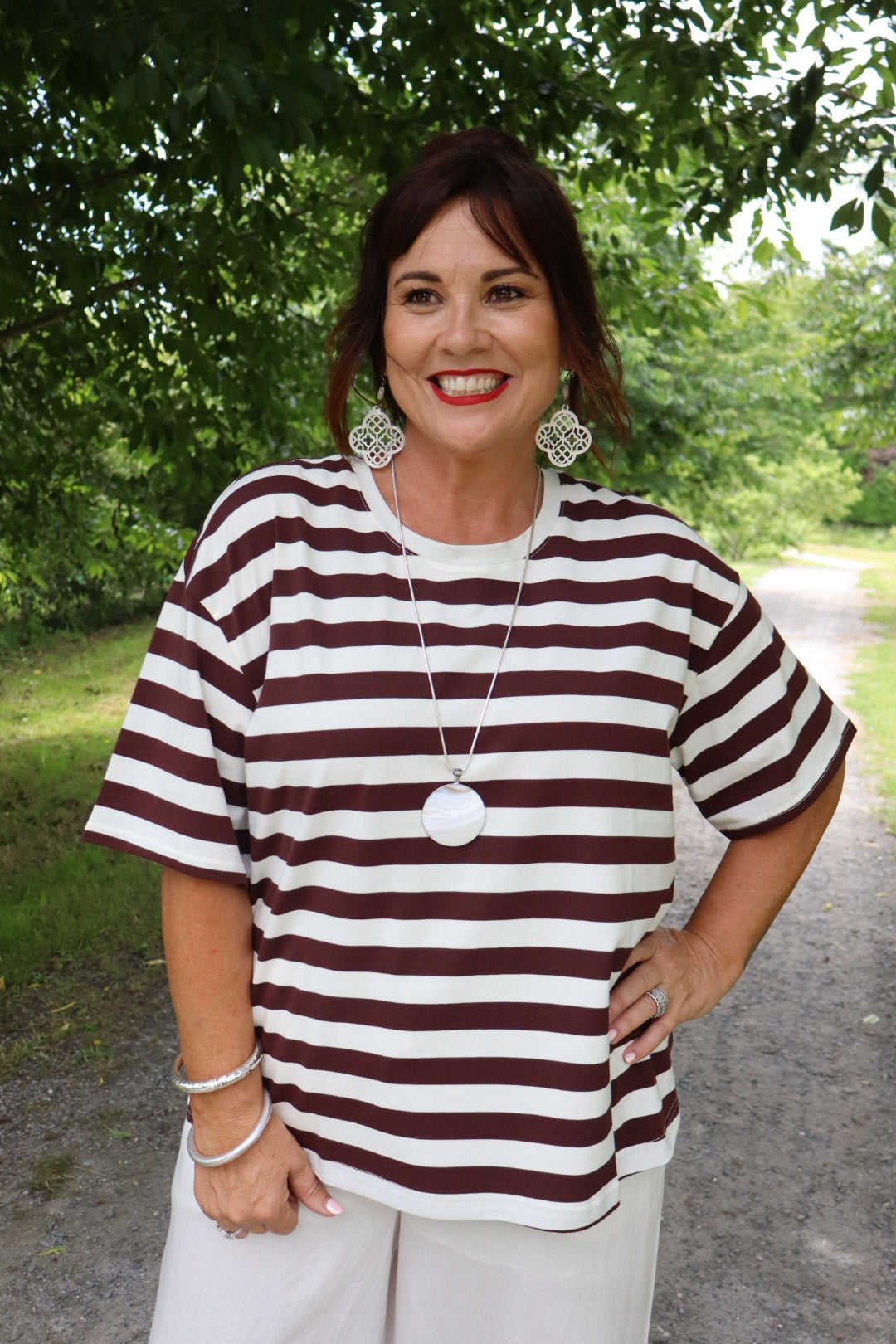 Betty Basics | Relax Boxy Tee - Brown/White Stripe