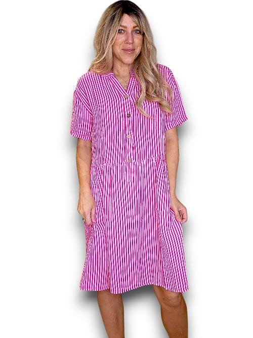 Helga May | Hot Pink Stripe Midi Coconut Button Dress